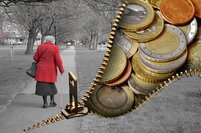 Collage Alte Frau und Geld in Börse